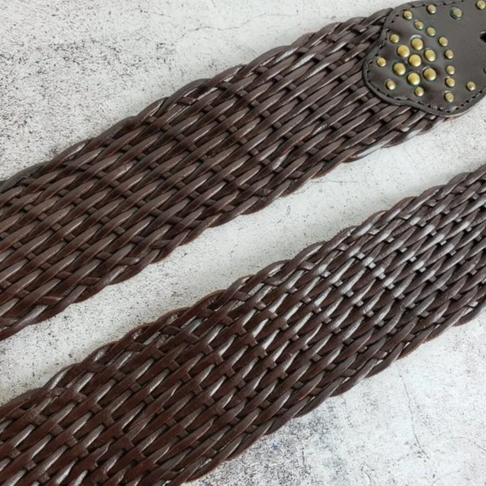 Vintage Bohemian Woven Braided Leather Wide Belt Brown size M